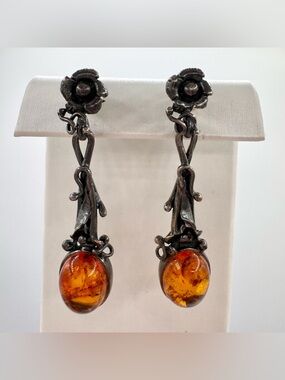 Amber Patina’d Silver Earrings Art Nouveau Style Floral Acid Tested Ornate 4.78g